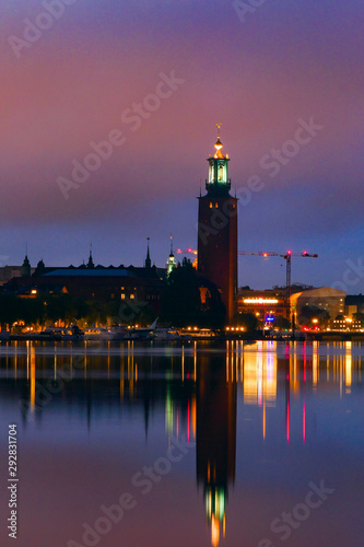 Stockholm, Sweden The Stockholm skyline at dawn and the City Hall, or Stadshuset. .