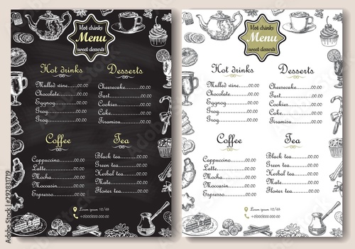 Hot drinks and sweet desserts A4 menu vector template