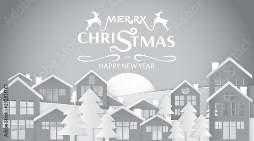 Reindeer in the forest, Merry Christmas and Happy New Year, Paper art design, Advertising with winter composition in paper cut style, black and white tone , Vector illustration, holiday party