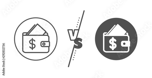 Affordability sign. Versus concept. Wallet line icon. Cash savings symbol. Line vs classic wallet icon. Vector