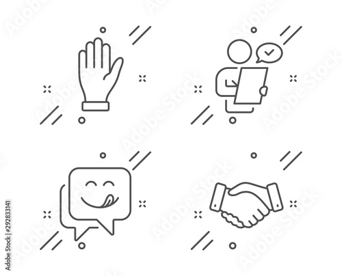 Hand, Yummy smile and Customer survey line icons set. Employees handshake sign. Waving palm, Emoticon, Contract. Deal hand. People set. Line hand outline icon. Vector