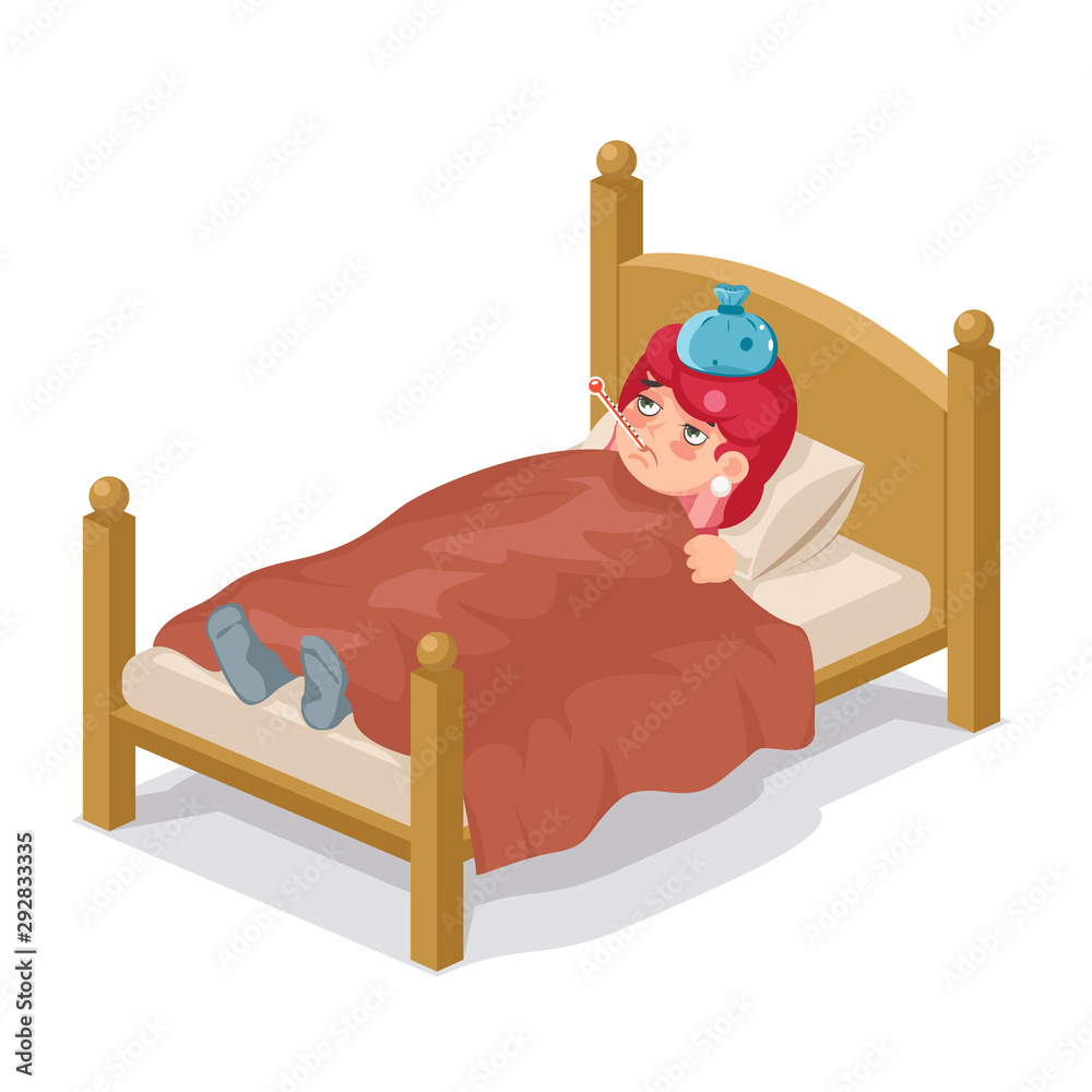 Lying in bed sick woman ill cold flu disease illness virus isometric cartoon  female character design vector illustration Stock Vector | Adobe Stock