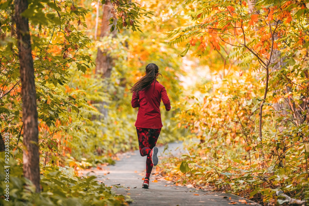 Run woman jogging in outdoor fall autumn foliage nature background in  forest. Trail running runner athlete training cardio outdoors, orange  colors tree leaves. Stock Photo | Adobe Stock
