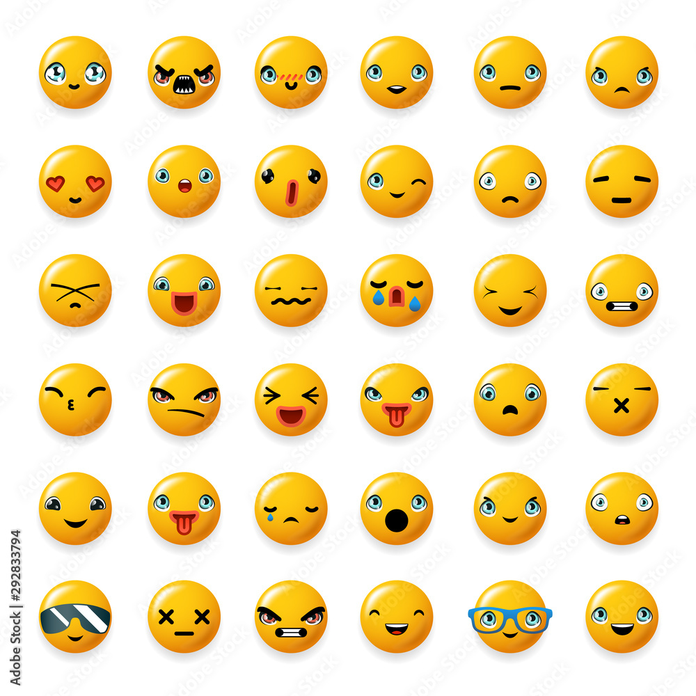 Fototapeta premium Cheerful emoticon cute smile facial emotion emoji icons set isolated sticker 3d realistic design element vector illustration
