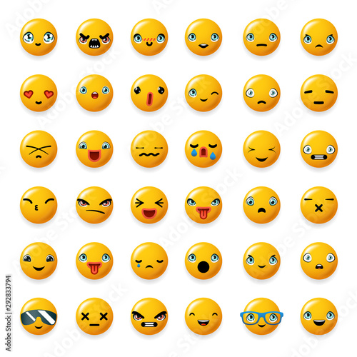 Cheerful emoticon cute smile facial emotion emoji icons set isolated sticker 3d realistic design element vector illustration