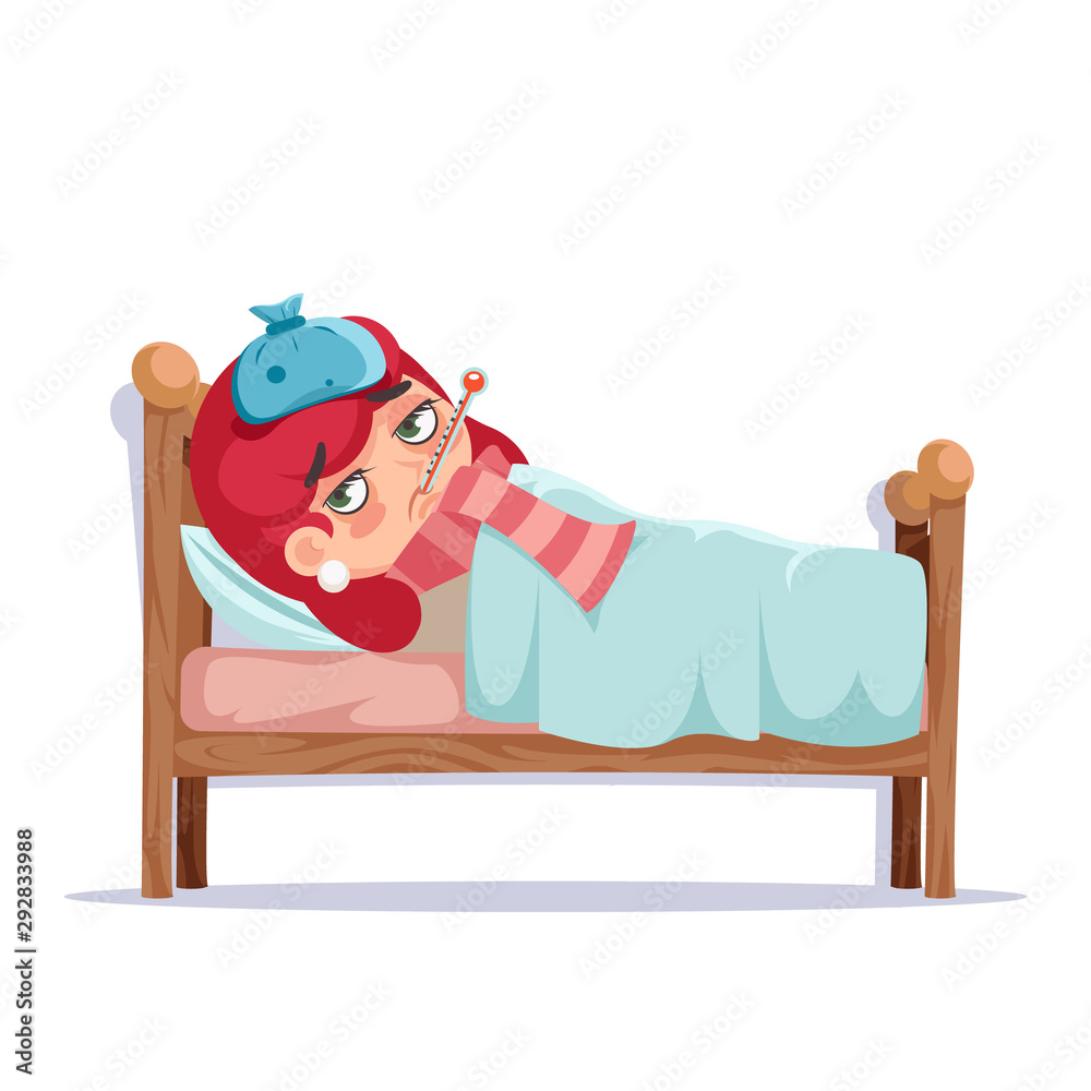 Girl sick lying in bed ill cold flu disease illness virus cartoon male
