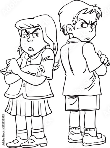 Girl and boy are offended after the quarrel, crossed their arms over their chests.