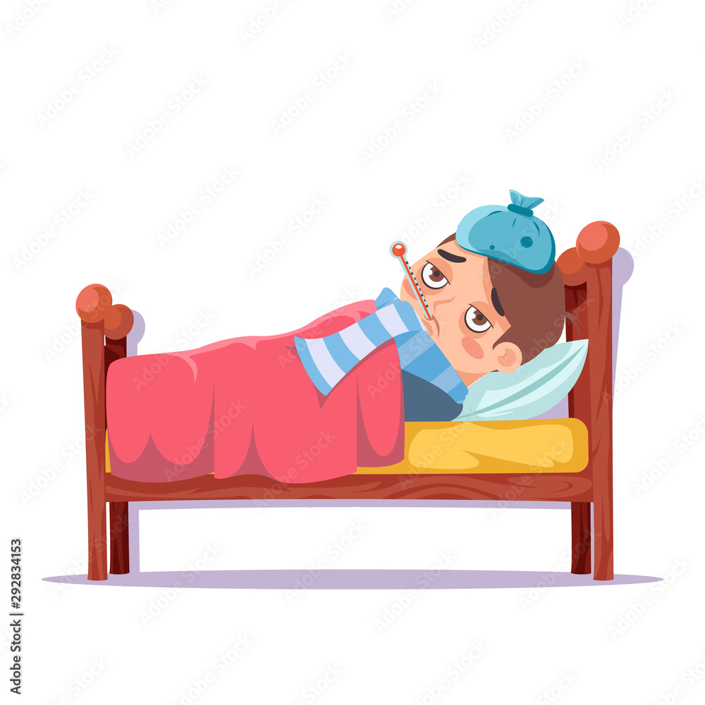 Sick boy lying in bed ill cold flu disease illness virus cartoon male  character design vector illustration Stock ベクター | Adobe Stock