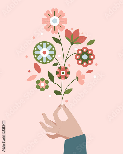 Vector illustration in flat simple style - hand holding flower bouquet