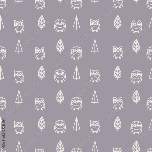 Seamless pattern with hand-drawn cute owls and trees. Vector illustration