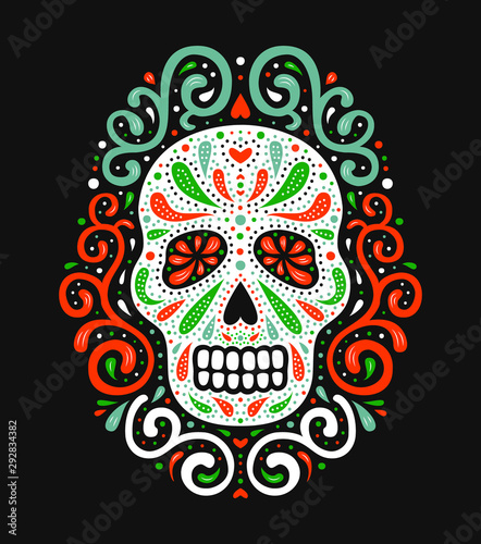 Traditional mexican sugar skull. Ornate decorative human skeleton head on the dark background. Latin american Day of the Dead celebration symbol. National flag colored EPS 10 vector illustration.