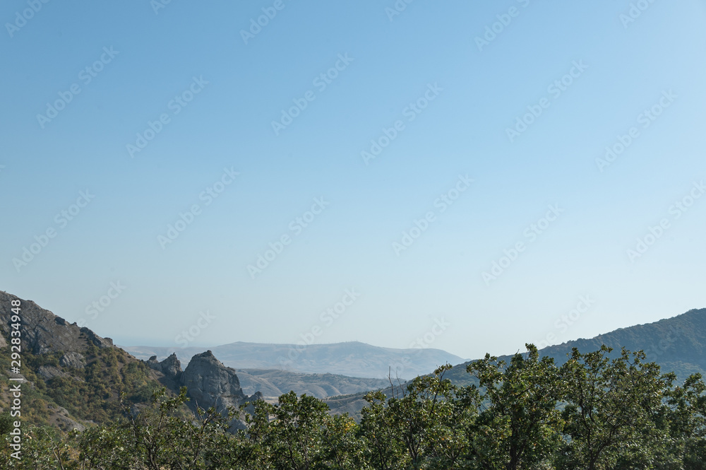 Naklejka premium Mountains in Crimea. September. This place is located near the town of Sudak. Autumn in Crimea. the city of Feodosiya. Russia. Ukraine.