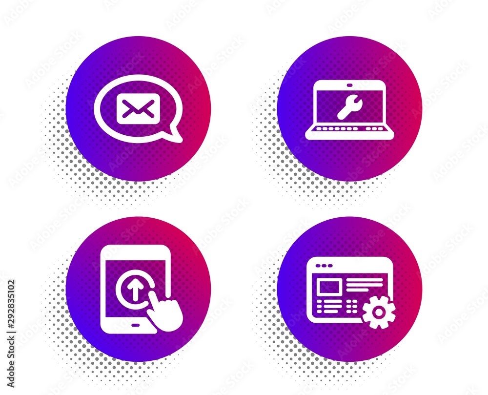 Messenger, Swipe up and Laptop repair icons simple set. Halftone dots button. Web settings sign. New message, Scrolling screen, Computer service. Engineering tool. Technology set. Vector Messenger, Swipe up and Laptop repair icons simple set. Halftone dots button. Web settings sign. New message, Scrolling screen, Computer service. Engineering tool. Technology set. Vector