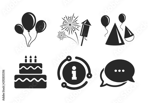 Cake, balloon, hat and muffin signs. Chat, info sign. Birthday party icons. Fireworks with rocket symbol. Double decker with candle. Classic style speech bubble icon. Vector