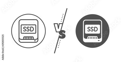Computer memory component sign. Versus concept. Ssd line icon. Data storage symbol. Line vs classic ssd icon. Vector