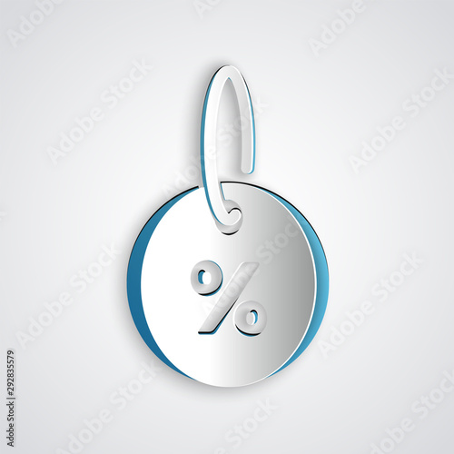 Paper cut Discount percent tag icon isolated on grey background. Shopping tag sign. Special offer sign. Discount coupons symbol. Paper art style. Vector Illustration