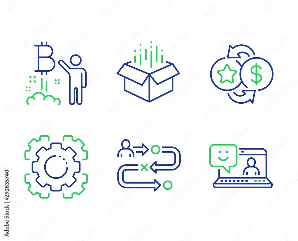 Bitcoin project, Seo gear and Journey path line icons set. Open box, Loyalty points and Smile signs. Cryptocurrency startup, Cogwheel, Project process. Delivery package. Technology set. Vector
