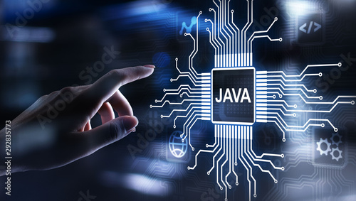 Java programming language application and web development concept on virtual screen. photo