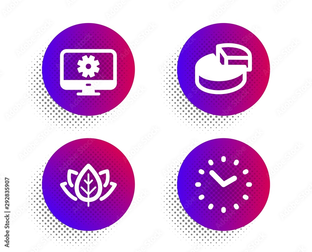 Pie chart, Monitor settings and Organic tested icons simple set. Halftone dots button. Time sign. 3d graph, Service cogwheel, Bio ingredients. Clock. Business set. Classic flat pie chart icon. Vector