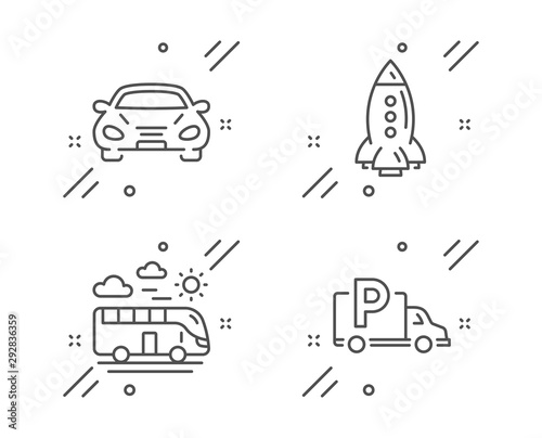 Rocket, Bus travel and Car line icons set. Truck parking sign. Spaceship, Transport, Free park. Transportation set. Line rocket outline icon. Vector
