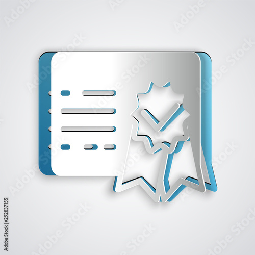Paper cut Certificate template icon isolated on grey background. Achievement, award, degree, grant, diploma. Business success certificate. Paper art style. Vector Illustration
