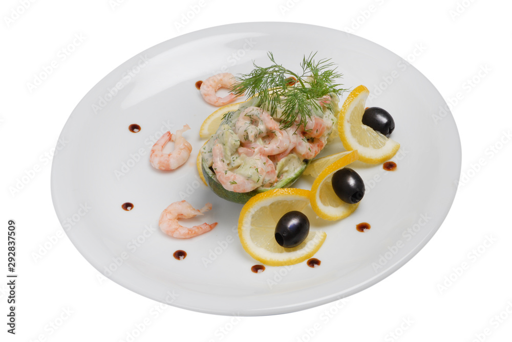 Shrimps with lemon and olive oil - fresh seafood dish on white isolated background Shrimps with lemon and olive oil - fresh seafood dish on white isolated background