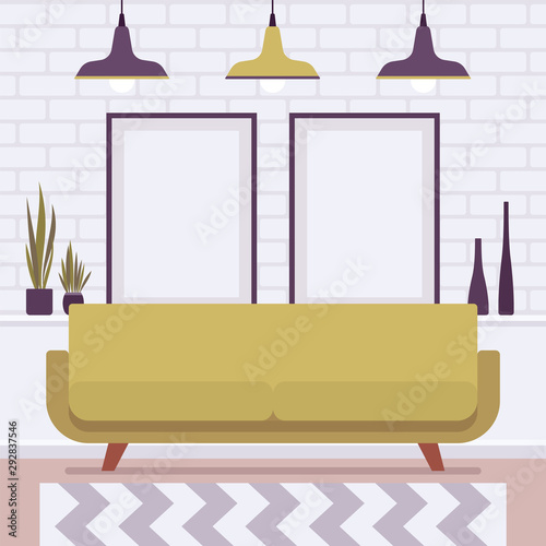 Living room with coach interior and design. Comfortable sofabed, modern minimalist creative pendent lighting in industrial style, chevron patterned floor carpet. Vector flat style cartoon illustration