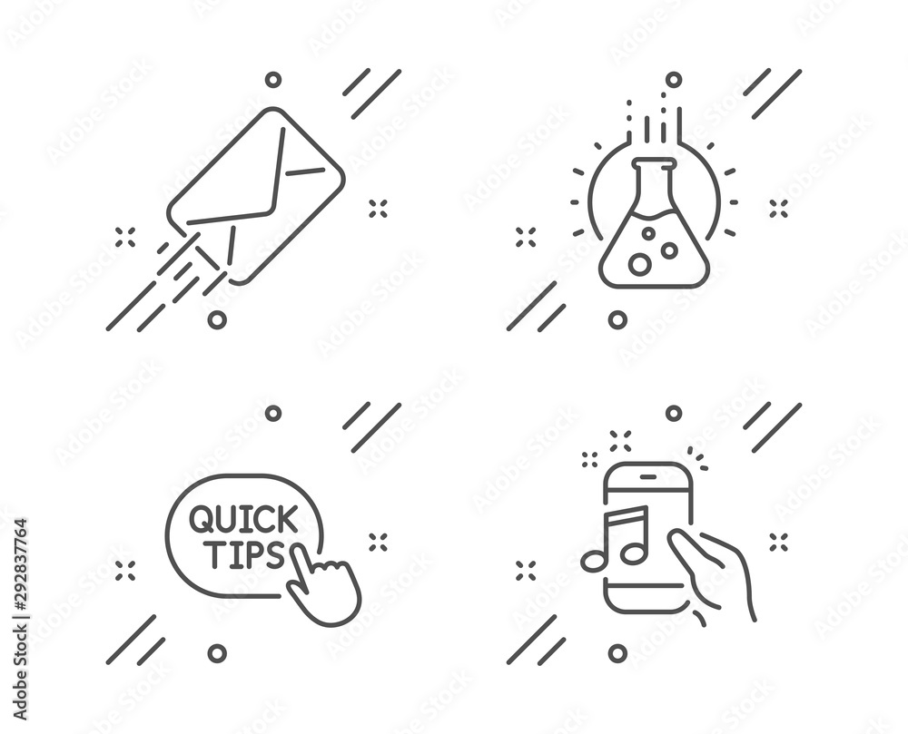 Quick tips, E-mail and Chemistry lab line icons set. Music phone sign. Helpful tricks, Mail delivery, Laboratory. Radio sound. Education set. Line quick tips outline icon. Vector