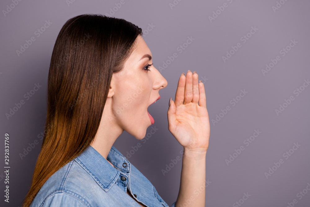 Profile side photo of cute pretty lady hold hand near mouth scream shout news share private information wear good look outfit isolated over grey color background Profile side photo of cute pretty lady hold hand near mouth scream shout news share private information wear good look outfit isolated over grey color background
