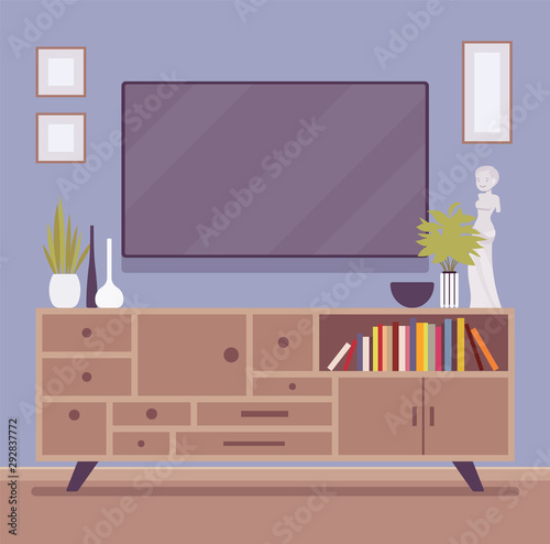 TV cabinet room interior. Equipment for television, movie and entertainment, media system in home theater unit. Vector flat style cartoon illustration