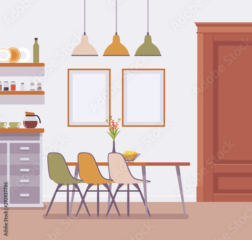 Dining room modern interior. Furniture for enjoying morning daily activity, place for family mealtimes and special evening occasions. Vector flat style cartoon illustration