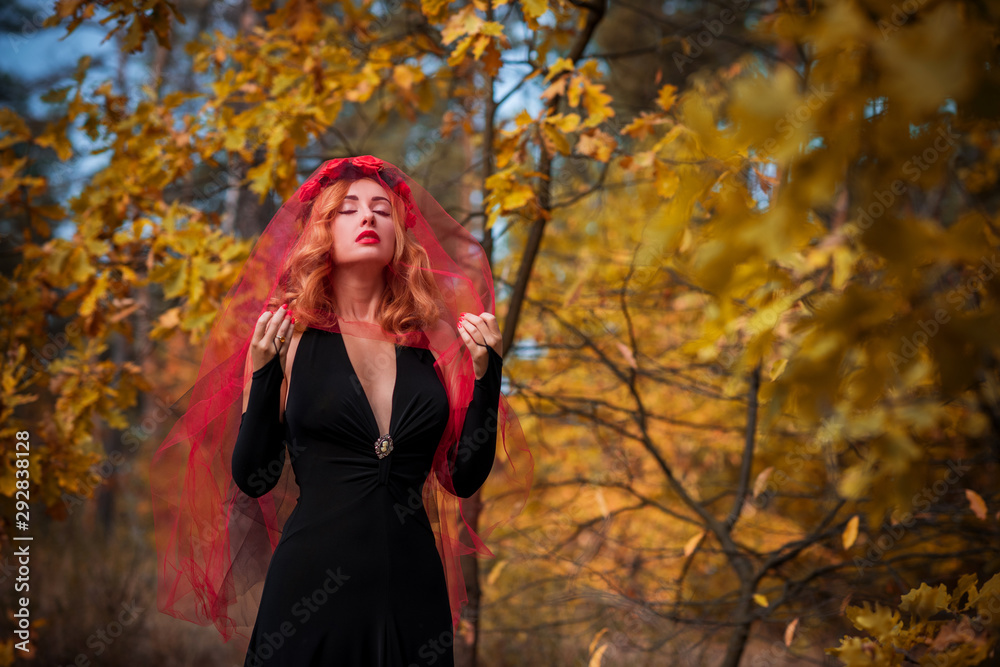 Magical time, Autumn bride with red veil . Costume and ideas for party, ladys witchcraft Magical time, Autumn bride with red veil . Costume and ideas for party, ladys witchcraft