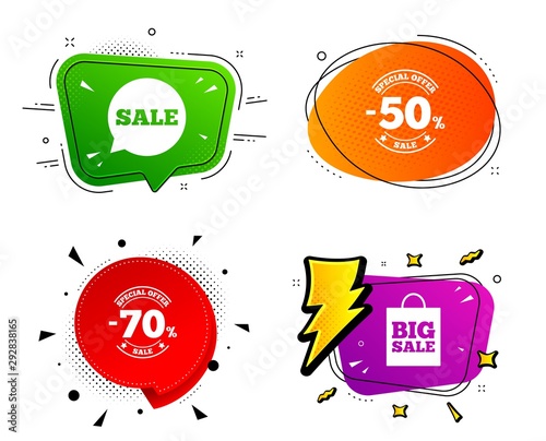 50% and 70% percent discount symbols. Banner badges, various colors. Sale speech bubble icon. Big sale shopping bag sign. Chat bubble vector shape. Gradient banner. Price tag. Vector