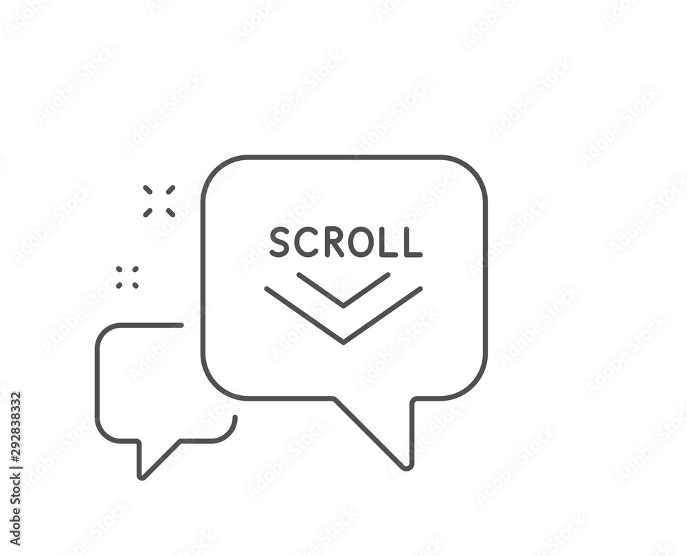 Scroll down arrow line icon. Chat bubble design. Scrolling screen sign. Swipe page. Outline concept. Thin line scroll down icon. Vector Scroll down arrow line icon. Chat bubble design. Scrolling screen sign. Swipe page. Outline concept. Thin line scroll down icon. Vector