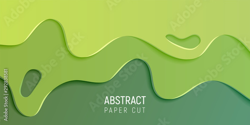 Green abstract paper cut slime background. Banner with slime abstract background with green paper cut waves. Vector illustration.