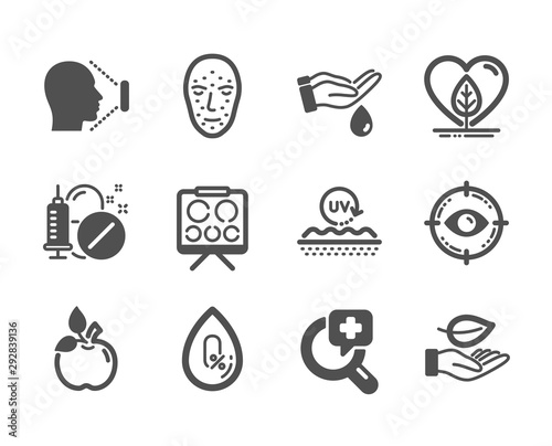 Set of Healthcare icons  such as Vision board  Leaf  Medical drugs  Eco food  Face biometrics  Local grown  Face id  No alcohol  Uv protection  Wash hands  Eye target  Medical analyzes. Vector