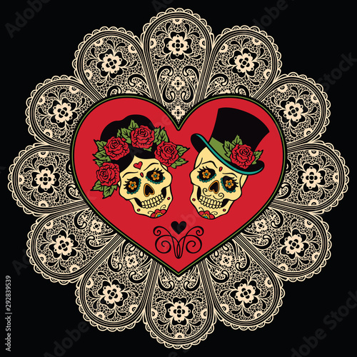 Mexican sugar skulls with heart and lace. Dia de los Muertos.