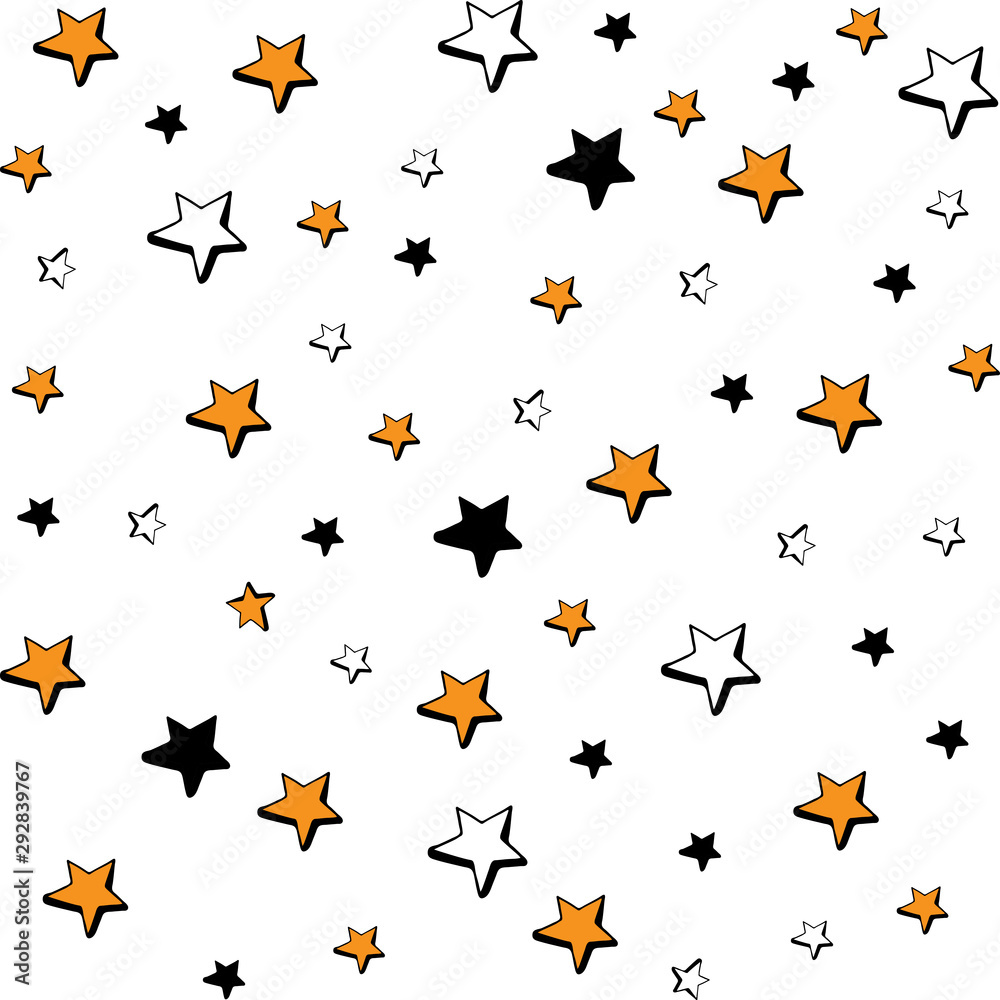 Seamless pattern hand drawn Doodle stars in vector. Starry sky in a simple children s style. Orange, black and white design. For textile, cloth, paper, packaging,
