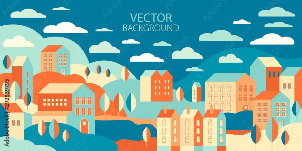 The urban landscape in a geometric minimal flat style. Autumn urban background with buildings, trees, hills in vector. Abstract horizontal banner with an empty space