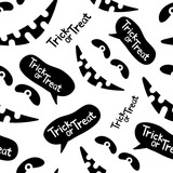 Seamless background with Halloween carved Jack faces silhouettes on white background. Dialogue bubble with the text trick or treat. Can be used for note digital paper, fabric print, page fill.