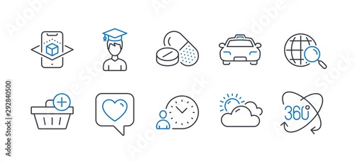 Set of Business icons, such as Medical drugs, Student, Taxi, Augmented reality, Web search, Time management, Heart, Add purchase, Sunny weather, Full rotation line icons. Vector