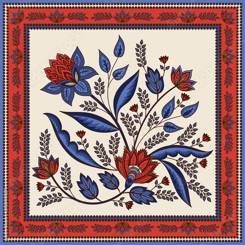 Indian floral paisley pattern vector. Vintage tropical flowers motif for silk scarf fabric. Ethnic ornament print. Damask design for woman shawls, boho carpet bandana, batik, rug, pillow case.