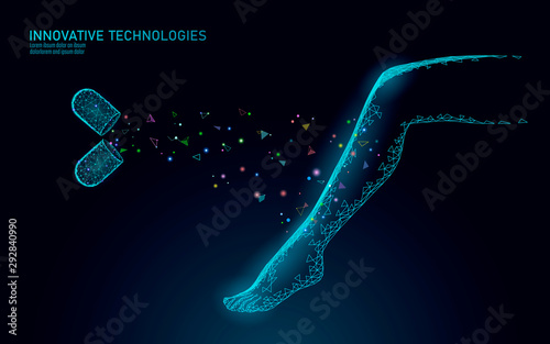 3D woman leg spa care beauty concept. Medical drug pill varicose treatment female foot. Cosmeticsupplement repair healthy veins massage vector illustration