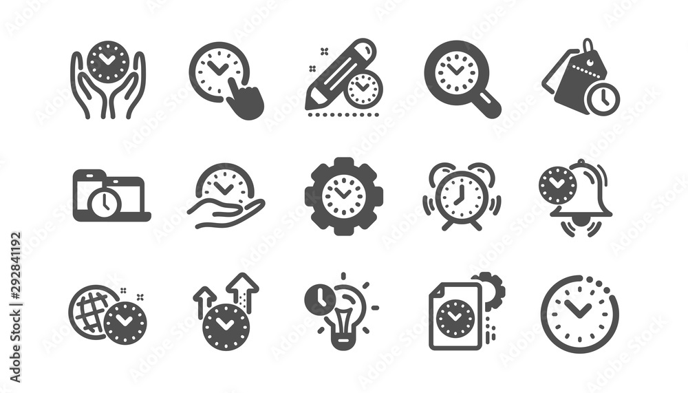 Time management icons. Alarm clock, timer plan and project deadline signs. Countdown clock and appointment reminder icons. Classic set. Quality set. Vector Time management icons. Alarm clock, timer plan and project deadline signs. Countdown clock and appointment reminder icons. Classic set. Quality set. Vector