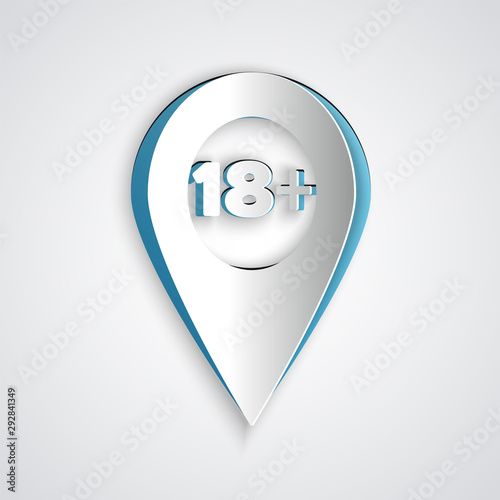Paper cut Map pointer with 18 plus icon isolated on grey background. Age restriction symbol. 18 plus content sign. Adults content only icon. Paper art style. Vector Illustration