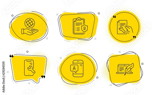 Privacy policy, Ab testing and Copyright laptop signs. Chat bubbles. Safe planet, Smartphone repair and Repair document line icons set. Ecology, Phone recovery, Spanner tool. Checklist. Vector