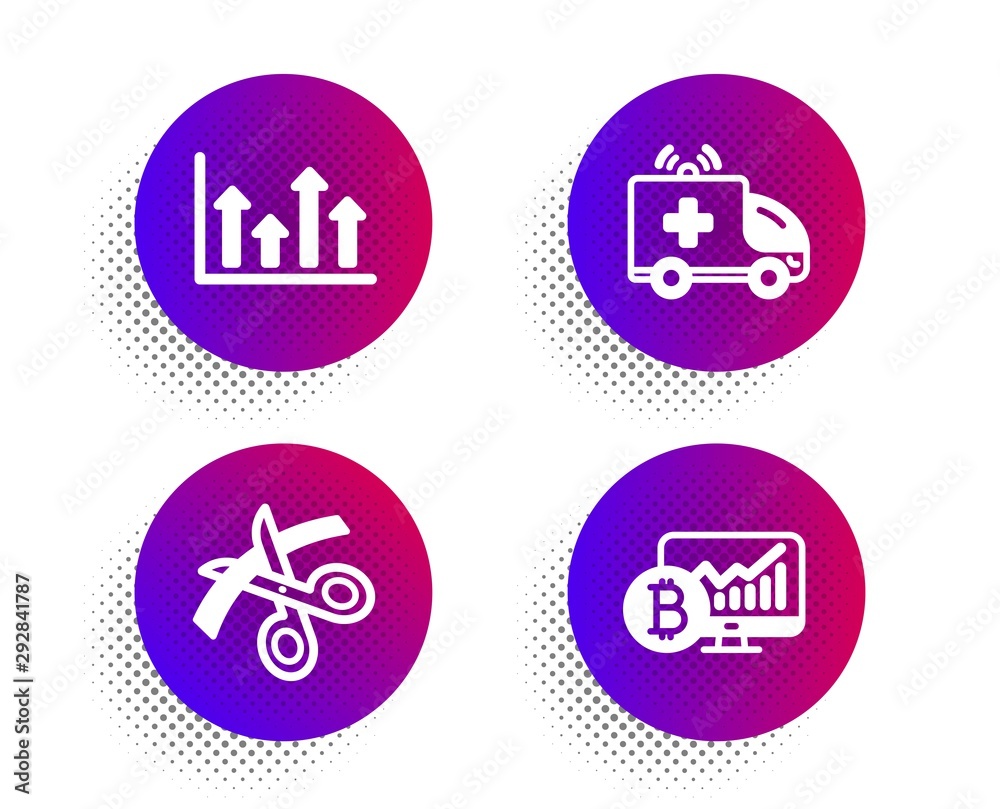 Upper arrows, Ambulance car and Scissors icons simple set. Halftone dots button. Bitcoin chart sign. Growth infochart, Emergency transport, Cutting ribbon. Cryptocurrency statistics. Vector