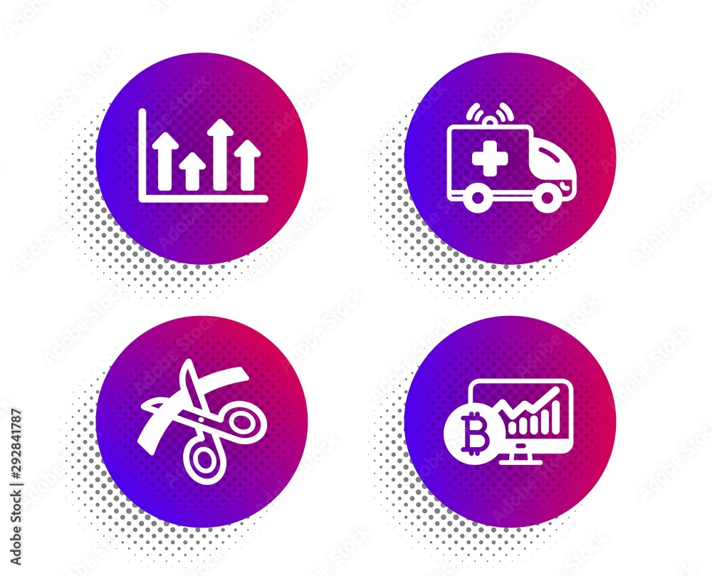 Upper arrows, Ambulance car and Scissors icons simple set. Halftone dots button. Bitcoin chart sign. Growth infochart, Emergency transport, Cutting ribbon. Cryptocurrency statistics. Vector Upper arrows, Ambulance car and Scissors icons simple set. Halftone dots button. Bitcoin chart sign. Growth infochart, Emergency transport, Cutting ribbon. Cryptocurrency statistics. Vector