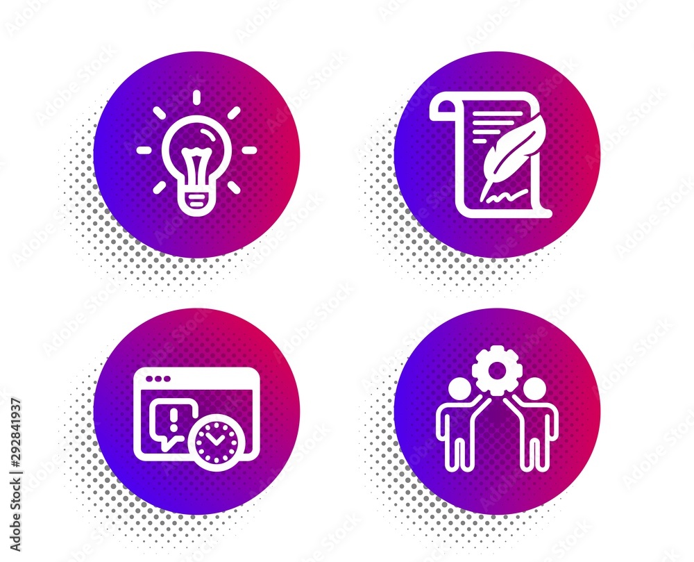 Idea, Feather and Project deadline icons simple set. Halftone dots button. Employees teamwork sign. Light bulb, Copyright page, Time management. Collaboration. Science set. Vector