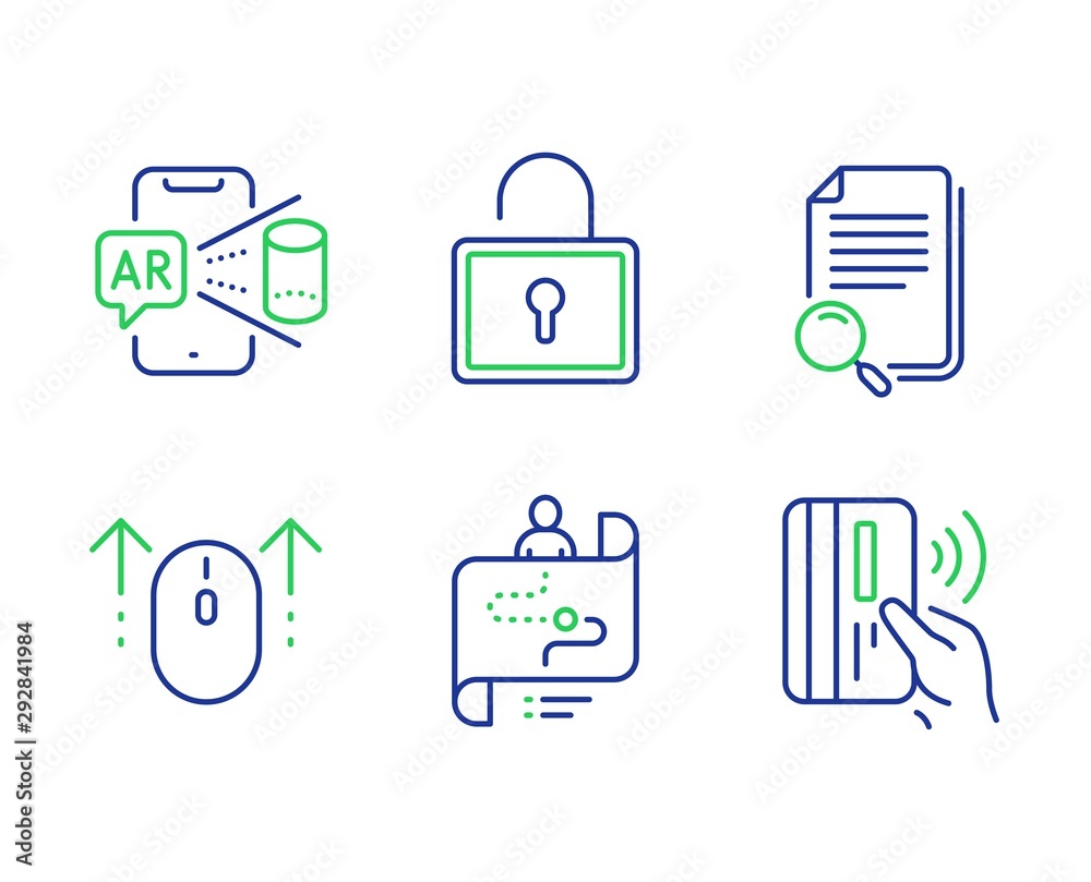 Search file, Journey path and Swipe up line icons set. Lock, Augmented reality and Contactless payment signs. Find document, Project process, Scrolling page. Private locker. Technology set. Vector Search file, Journey path and Swipe up line icons set. Lock, Augmented reality and Contactless payment signs. Find document, Project process, Scrolling page. Private locker. Technology set. Vector